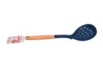 Silicone straining spoon with wooden handle
