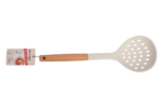 Silicone straining spoon with wooden handle