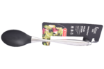 Silicone food spoon with a silver stainless steel handle