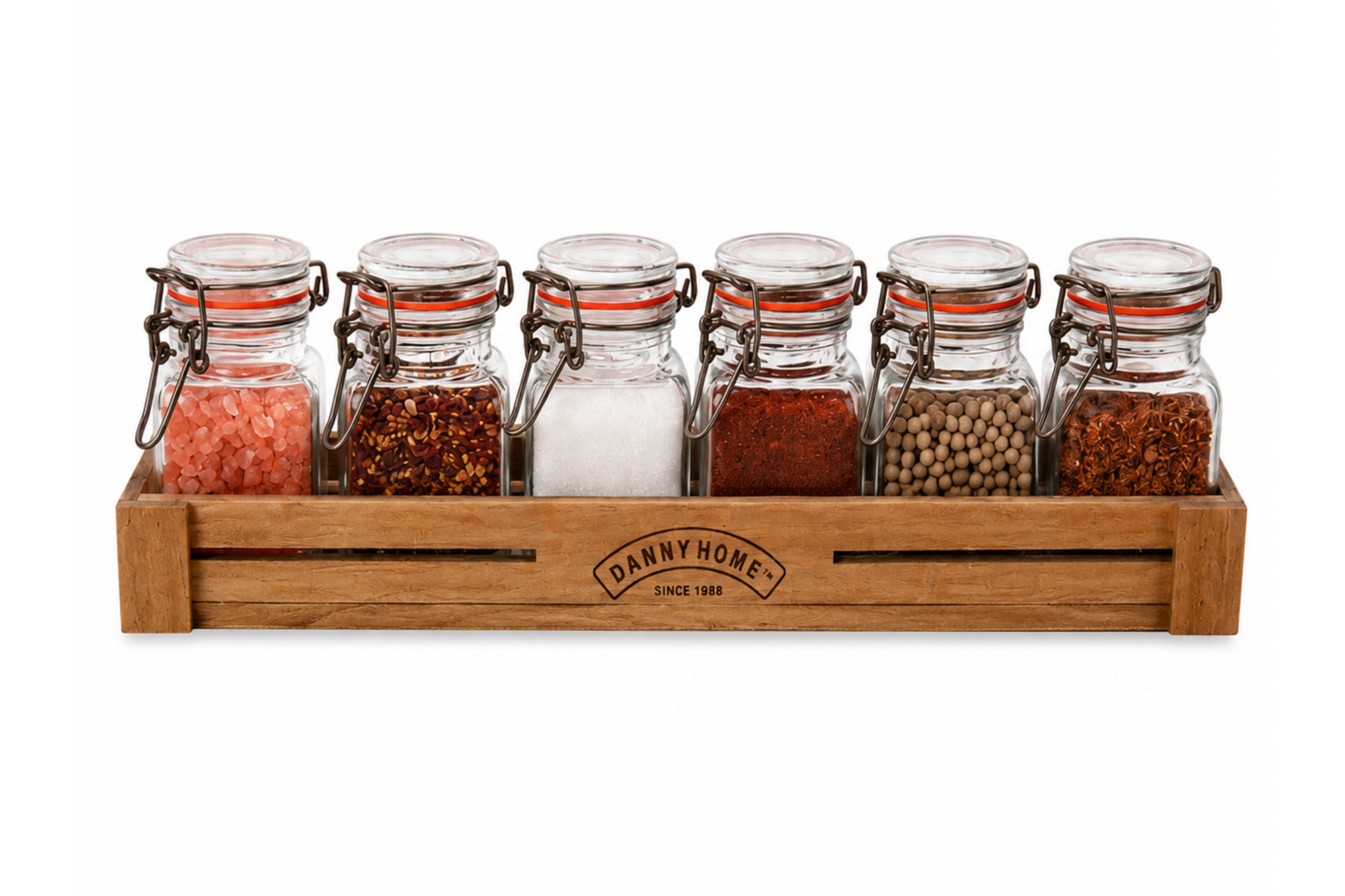 1966-40-1-1.jpg 6 Pieces Glass Spice Jar Set with Wooden Stand – 100 ml Each - Image 1
