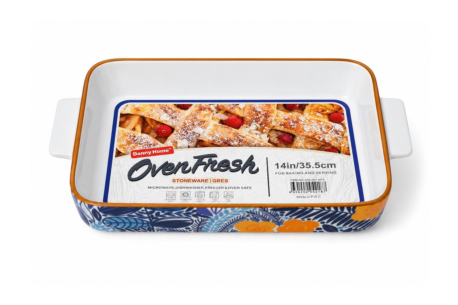 ASC001-KP3-1-1.jpg Porcelain Rectangular Baking Dish 14" - 35.5 cm - Blue & Yellow Floral - Image 1