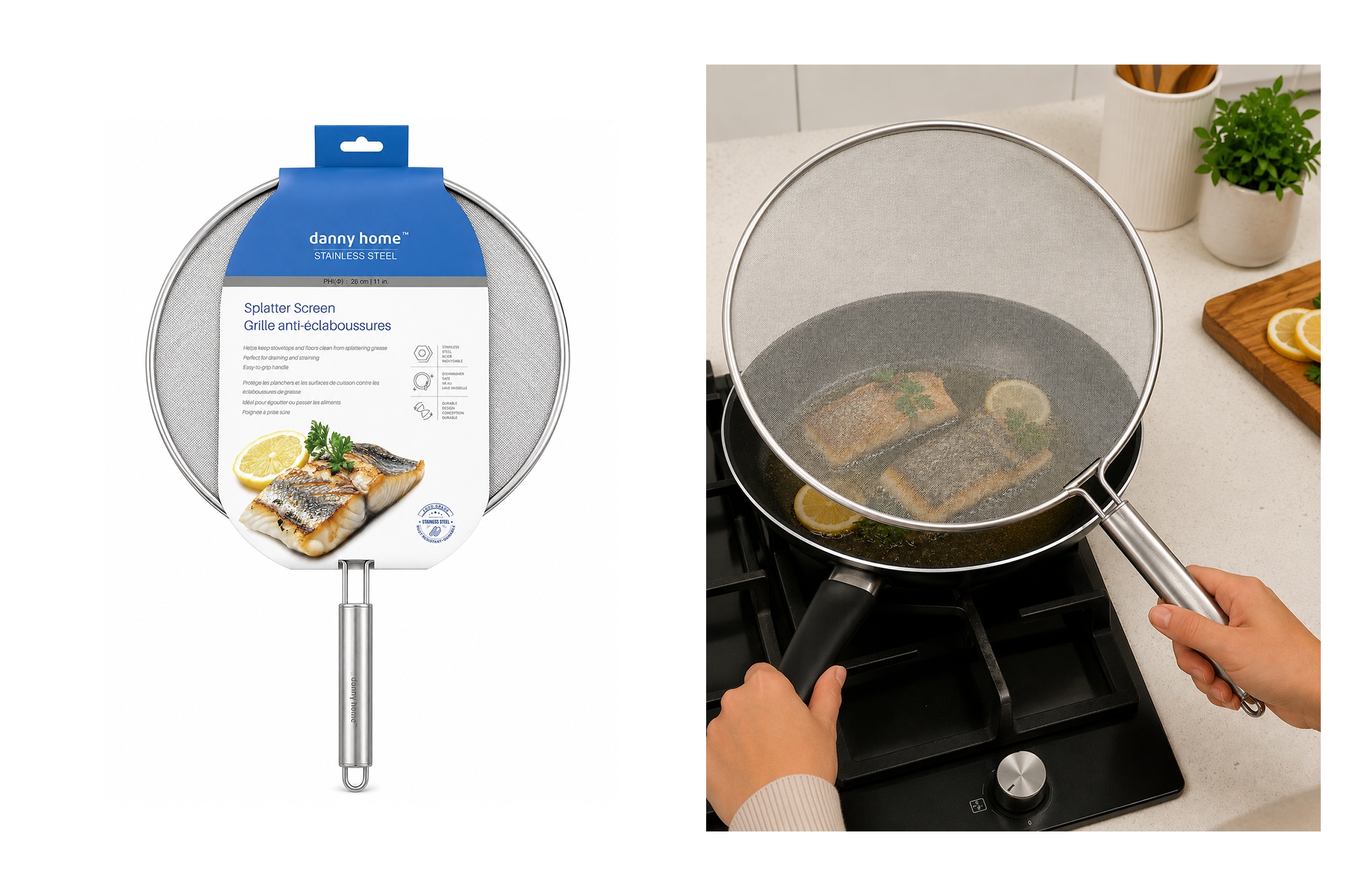 SS08-01-1-1.jpg 28 cm Stainless Steel Splatter Guard with Oval Handle - Image 1