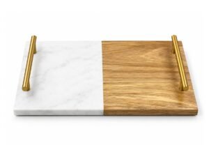 Stone & Wood Serving Tray with Gold Handles 30 x 20 cm