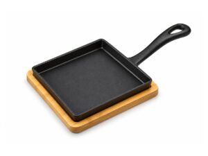 Cast Iron Square Pan with Wooden Serving Base 13.8 cm